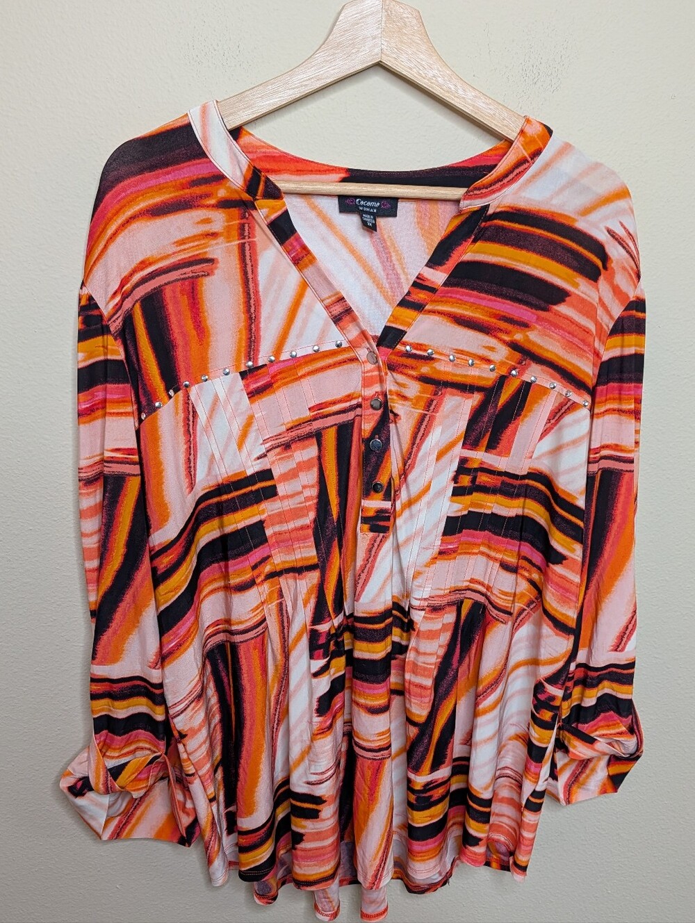 Cocomo Woman Abstract Print‎ Studded Henley Top - 3X